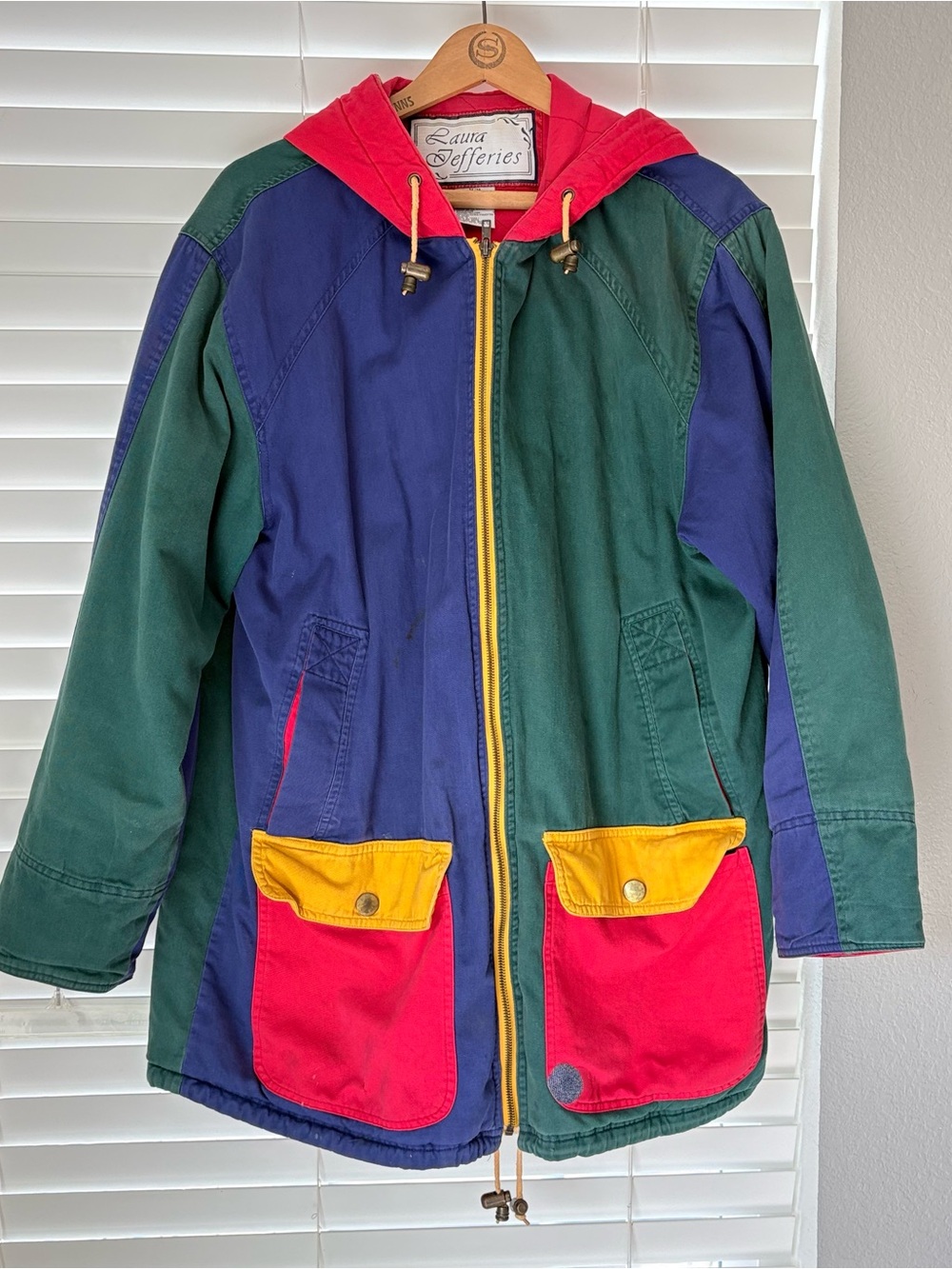 Laura Jeffries Retro Color Block Cotton Jacket Quilted Coat Hoodie Zip Mens Sz M